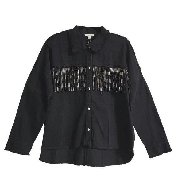 Main Strip Stud Fringe Raw Hem Oversized Black Denim Jacket Shacket CJ60713 - Picture 14 of 16